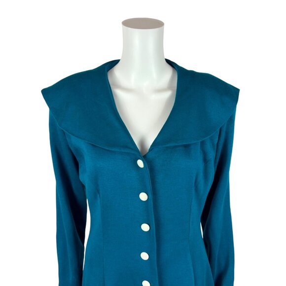 Vintage 80s Sailor Dress Women's Large Dark Turquoise Large Collar Button Down - Picture 4 of 10
